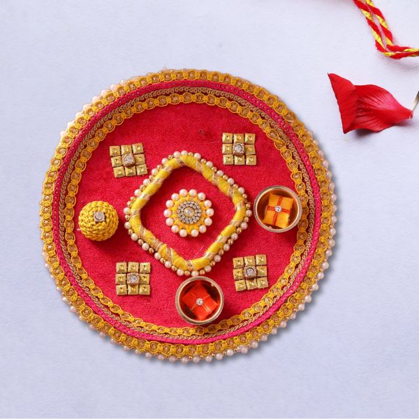 Charming Yellow Pink Pearl Rakhi Puja Thali-8 Inches Pack of 12