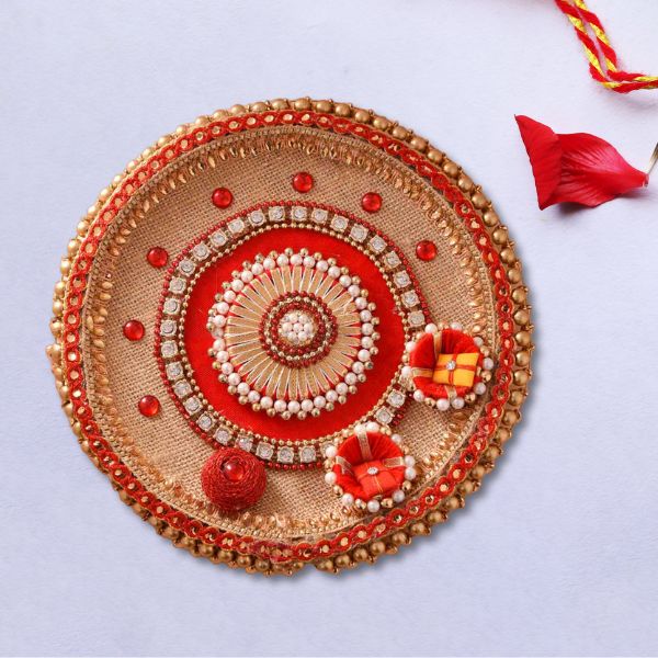 Classic Golden N Red Rakhi Puja Thali-8 Inches Pack of 12