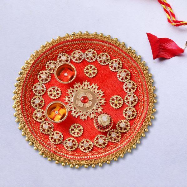 Elegant Golden Charm Red Rakhi Puja Thali-8 Inches Pack of 12