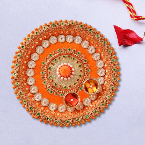 Vibrant Orange Pearls Rakhi Puja Thali-8 Inches Pack of 12