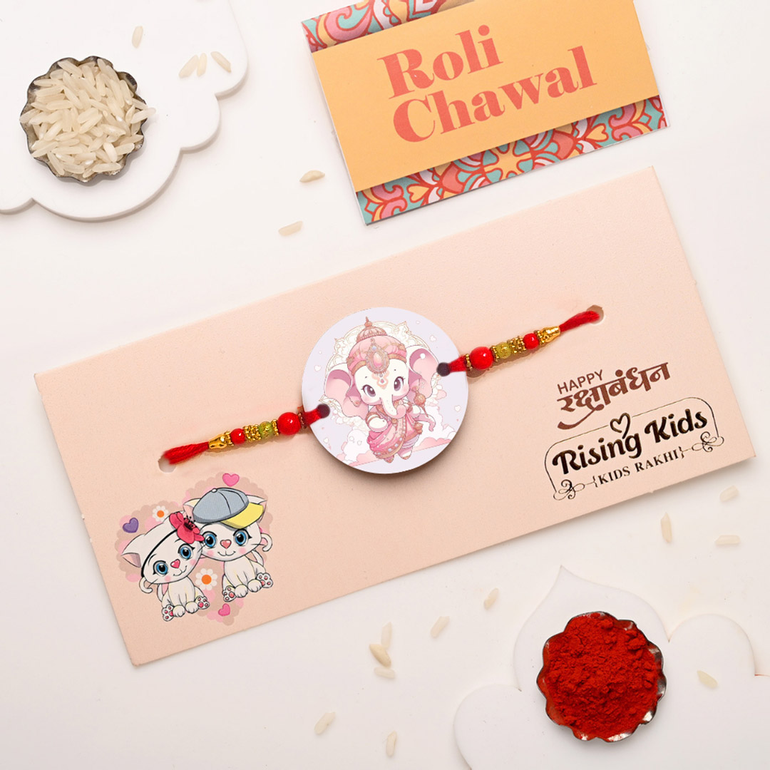 Ganesha Printed MDF Rakhi For Kids – 12 Pcs